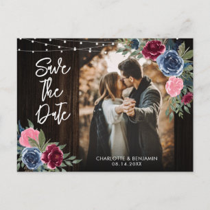Navy Blue Burgundy Wood Floral Foto Save the Date Postkarte
