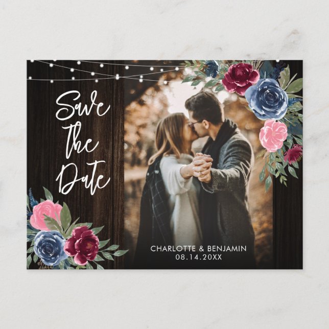 Navy Blue Burgundy Wood Floral Foto Save the Date Postkarte (Vorderseite)
