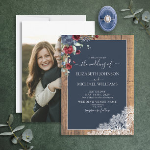 Navy Blue Burgundy Wood Script Foto Wedding Einladung
