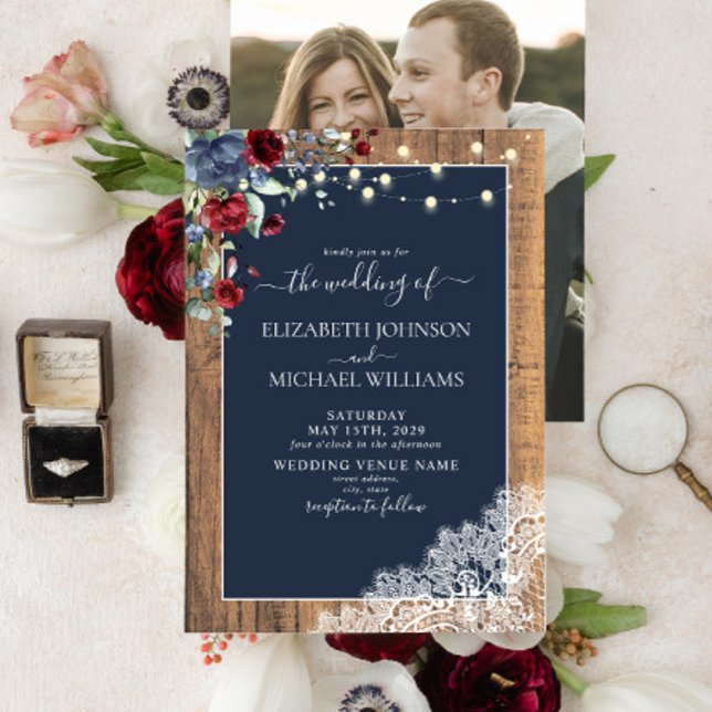 Navy Blue Burgundy Wood Script Lace Foto Wedding Einladung (Von Creator hochgeladen)