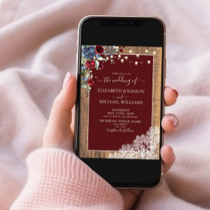 Navy Blue Burgundy Wood Script Lace Foto Wedding Einladung