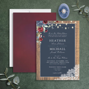 Navy Blue Burgundy Wood Script Lace Wedding Einladung