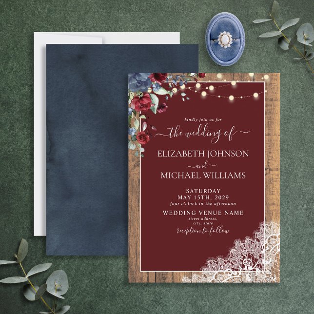 Navy Blue Burgundy Wood Script Lace Wedding Einladung (Von Creator hochgeladen)