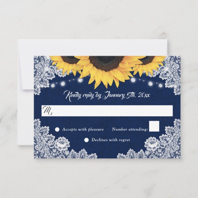 Navy Blue Burlap Floral Lace Sunflower Wedding RSVP Karte (Vorderseite)