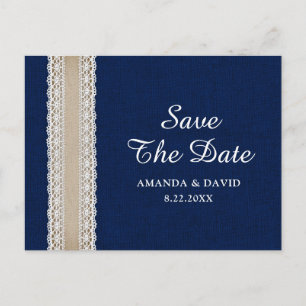 Navy Blue Burlap Lace Wedding rettet das Datum Postkarte