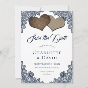 Navy Blue Burlap Lace Wedding Save the Date Card
