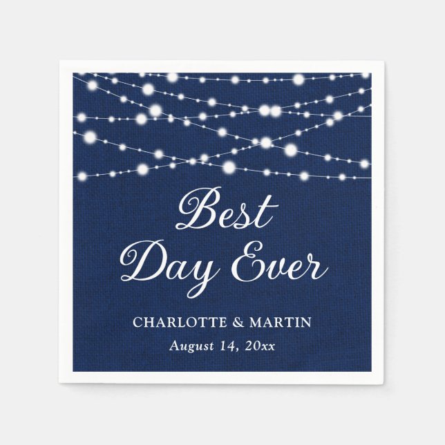 Navy Blue Burlap String Lights Rustikale Hochzeit Serviette (Vorderseite)