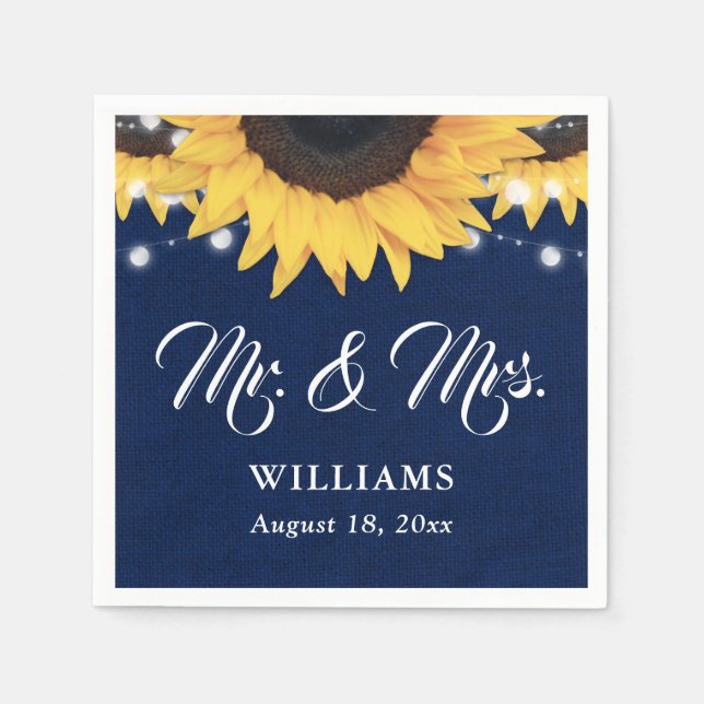 Navy Blue Burlap String Lights Sunflower Wedding Serviette (Vorderseite)