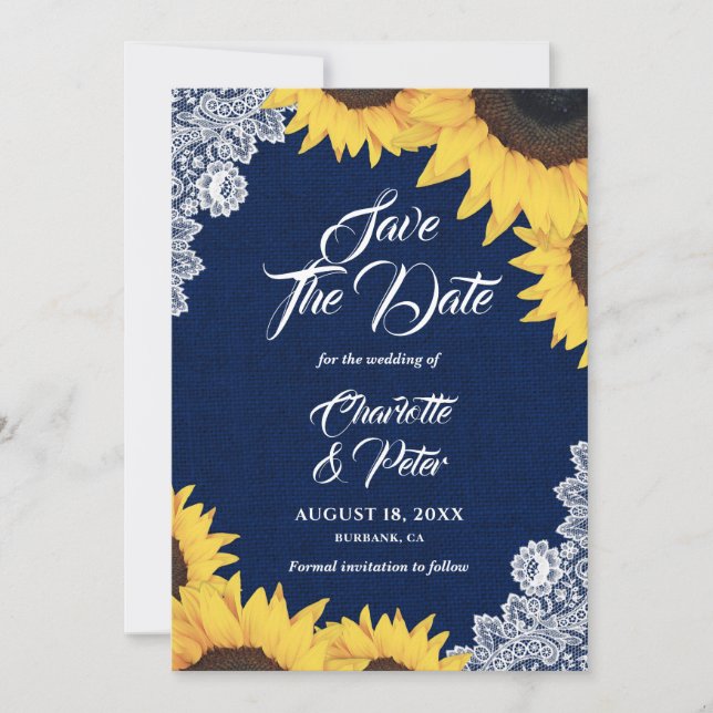 Navy Blue Burlap und Sonnenblumen speichern die Da Save The Date (Vorderseite)
