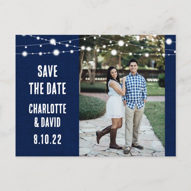 Navy Blue Burlap Wedding Save the Date Foto Ankündigungspostkarte (Vorderseite)