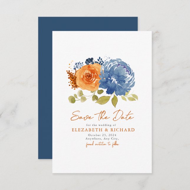 Navy Blue Burnt Orange Bouquet Fall Floral Save The Date (Vorne/Hinten)