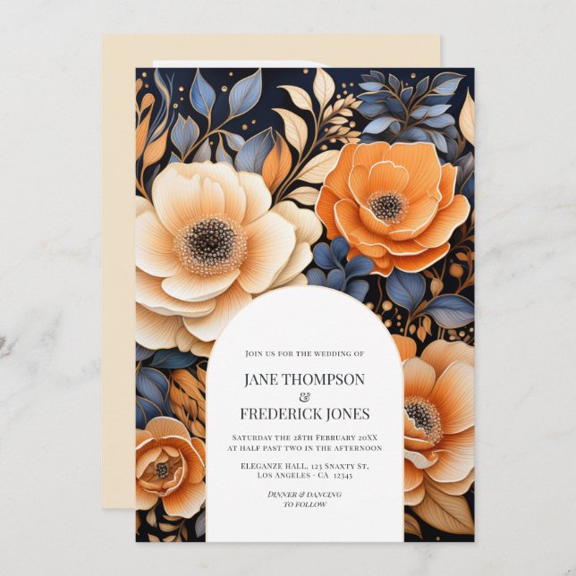 Navy Blue, Burnt Orange & Champagne Floral Wedding Einladung (Vorne/Hinten)