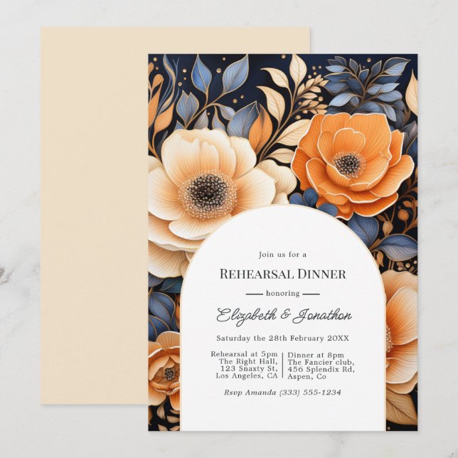 Navy Blue Burnt Orange Champagne Rehearsal Dinner Einladung (Vorne/Hinten)