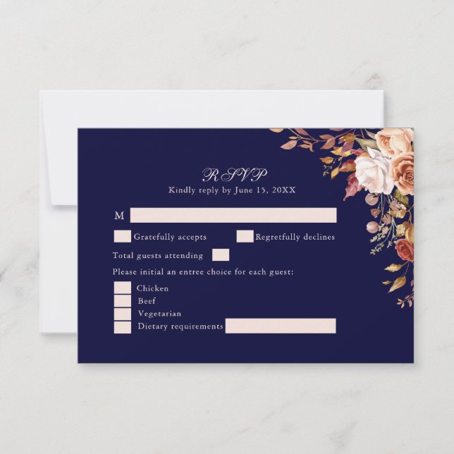 Navy Blue Burnt Orange Floral Wedding RSVP Card (Vorderseite)