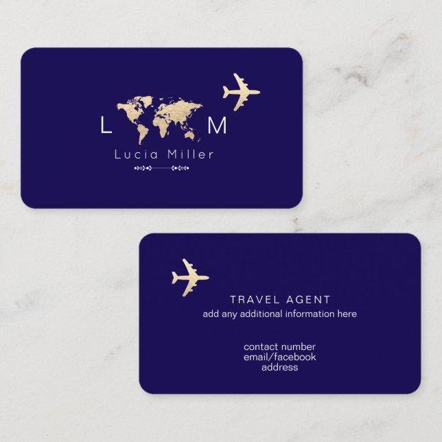 Navy Blue Business Card for Travel Agents Visitenkarte (Vorne/Hinten)