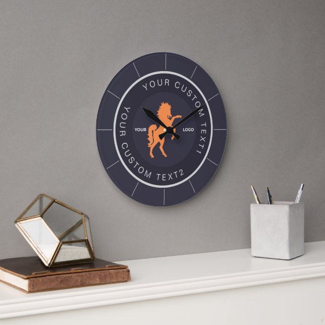Navy Blue Business Logo Custom Große Wanduhr (Büro)