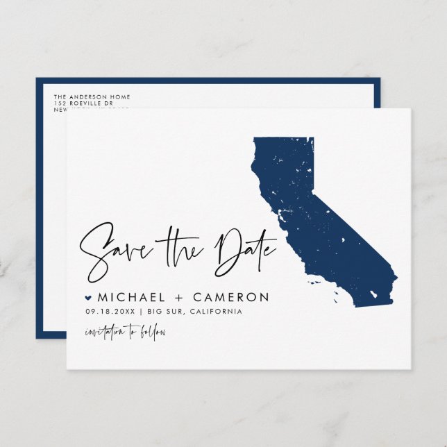 Navy Blue California Map QR-Code Save the Date Ankündigungspostkarte (Vorne/Hinten)