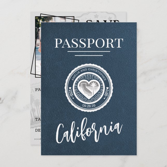 Navy Blue California Passport Save the Date (Vorne/Hinten)