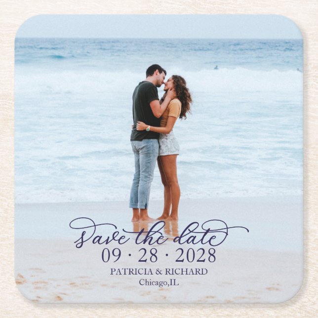 Navy Blue Calligraphy Foto Wedding Save the Date Rechteckiger Pappuntersetzer (Vorderseite)