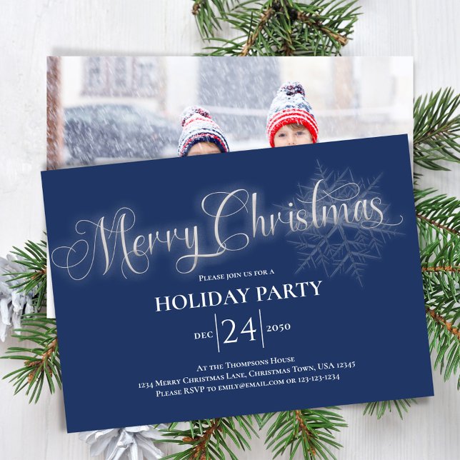Navy Blue Calligraphy Script Frohe Weihnachtsfeier Einladung (Merry Christmas holiday invitation with photo on the backside. )