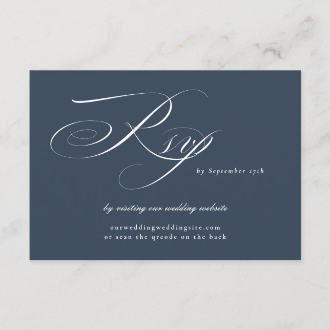 Navy Blue Calligraphy Wedding Website QR CODE RSVP Karte (Vorderseite)
