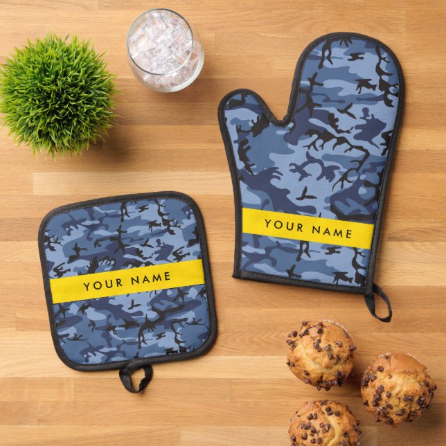 Navy Blue Camouflage Ihr Name Personalize Ofenhandschuh & Topflappen-Set (Oben Unten)