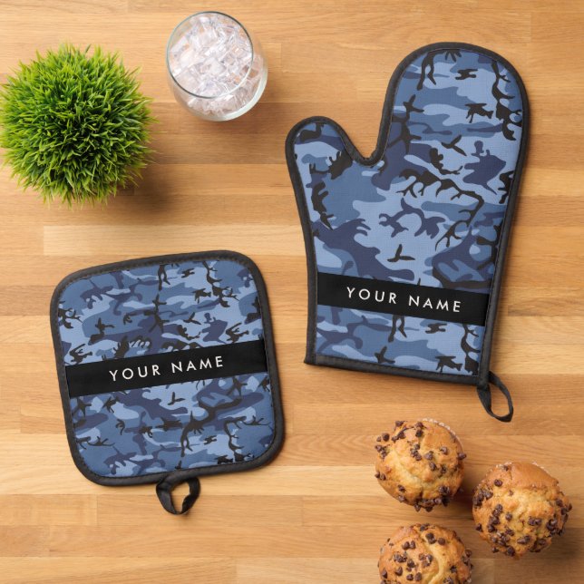 Navy Blue Camouflage Ihr Name Personalize Ofenhandschuh & Topflappen-Set (Oben Unten)
