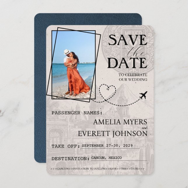 Navy Blue Cancun Pass Save the Date (Vorne/Hinten)