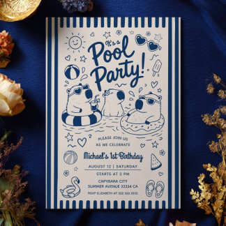 Navy Blue Capybara Pool-Party zum 1. Geburtstag Einladung