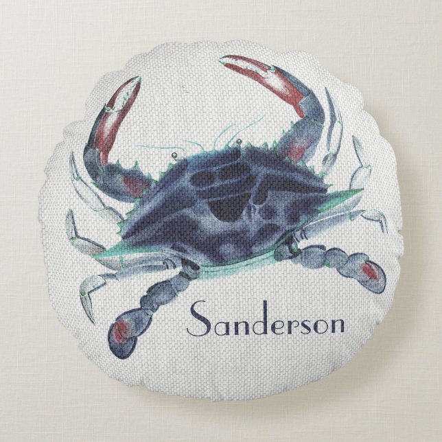 Navy Blue Ccrab Aquarell Rundes Kissen (Vorderseite)