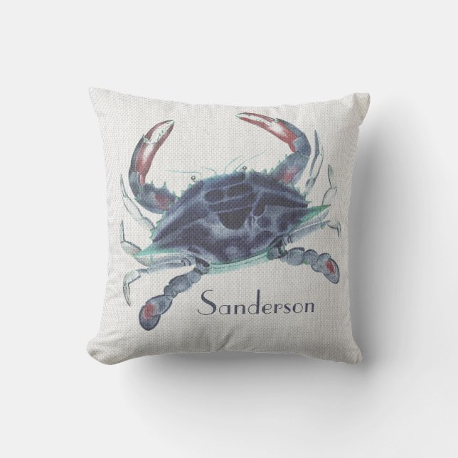 Navy Blue Ccrab Wasserfarbe nautische Küstenrunde Kissen (Vorderseite)