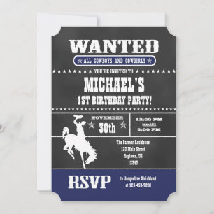 Navy Blue Chalkboard Cowboy zum Geburtstag Einladu Einladung