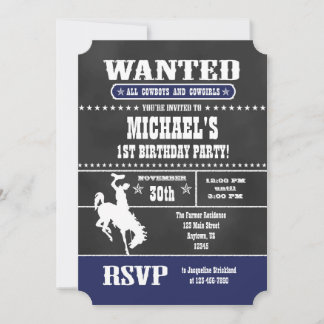 Navy Blue Chalkboard Cowboy zum Geburtstag Einladu Einladung