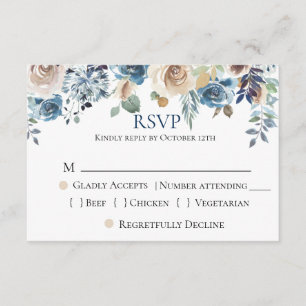 Navy Blue Champagne Floral Wedding RSVP Karte
