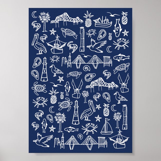 Navy Blue Charleston Toile Mini Poster (Vorne)