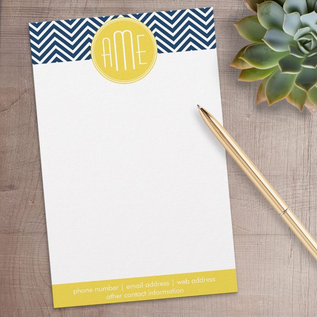 Navy Blue Chevrons mit Custom Yellow Monogram Briefpapier (Personalized Stationery)