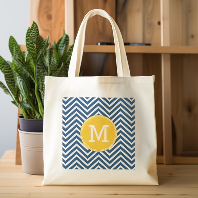 Navy Blue Chevrons mit Custom Yellow Monogram Tragetasche (Personalized tote bag - pattern and monogram)