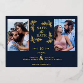 Navy Blue Chic Trendy Collage Wedding 2 Photos Folieneinladung