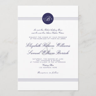 Navy Blue Chic White Monogram Wedite Einladung