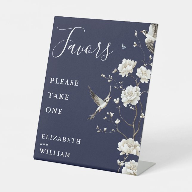 Navy Blue Chinoiserie Blumenfavoriten Hochzeit Sockelschild (Vorderseite)