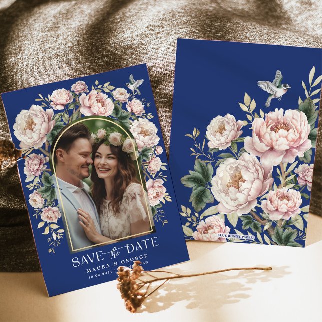 Navy Blue Chinoiserie Florals Foto Save the Date Einladung (Von Creator hochgeladen)