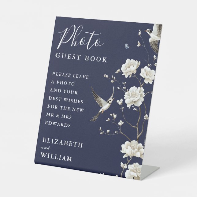 Navy Blue Chinoiserie Foto Guest Book Wedding Sockelschild (Vorderseite)