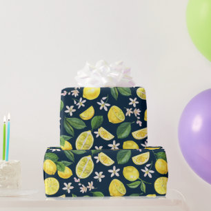 Navy Blue Citrus Lemon Floral Geschenkpapier