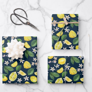 Navy Blue Citrus Lemon Floral Geschenkpapier Set