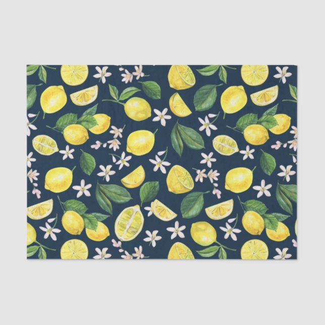 Navy Blue Citrus Lemon Floral Seidenpapier (Vorderseite)