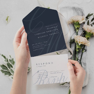 Navy Blue Classic Elegance-Kalligraphie-Monogramm All In One Einladung