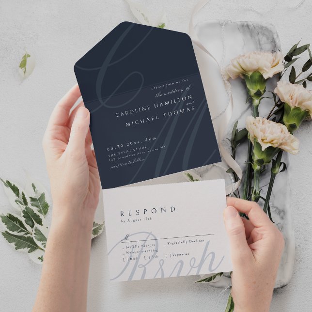 Navy Blue Classic Elegance-Kalligraphie-Monogramm All In One Einladung (Navy Blue Classic Elegance calligraphy monogram All In One Invitation)