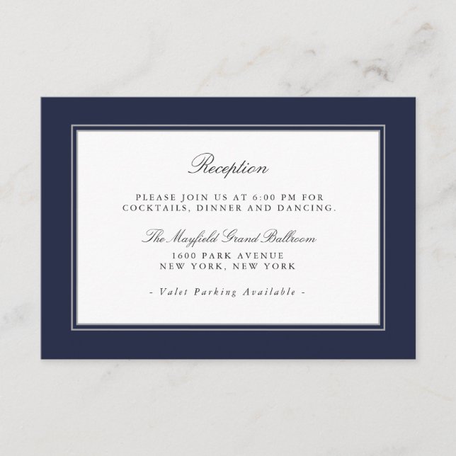 Navy Blue Classic Elegant Wedding Empfang Begleitkarte (Vorderseite)