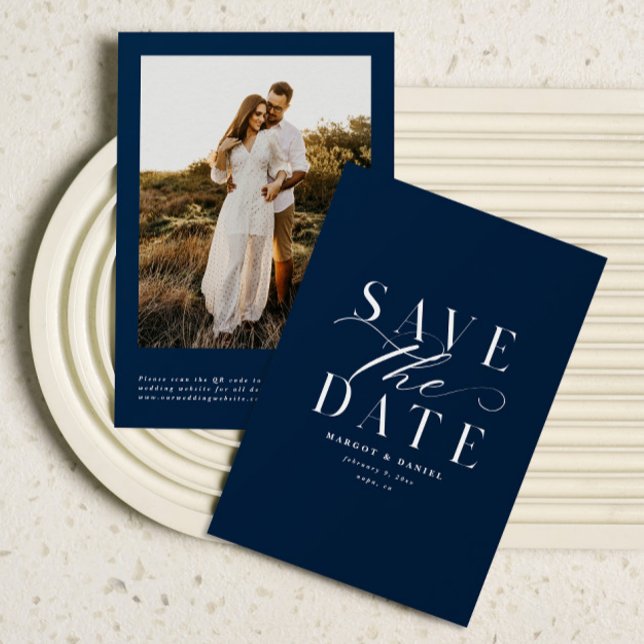 Navy Blue Classic Foto Save the Date QR Codes (Von Creator hochgeladen)