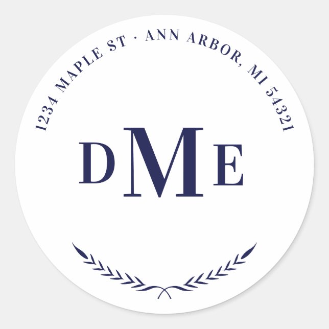 Navy Blue Classic Monogram Rücksendeadresse Runder Aufkleber (Vorderseite)